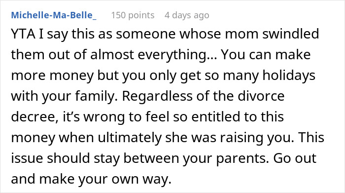 Screenshot of an online comment discussing a teen wondering about her missing 30k while her mom gives vague answers.