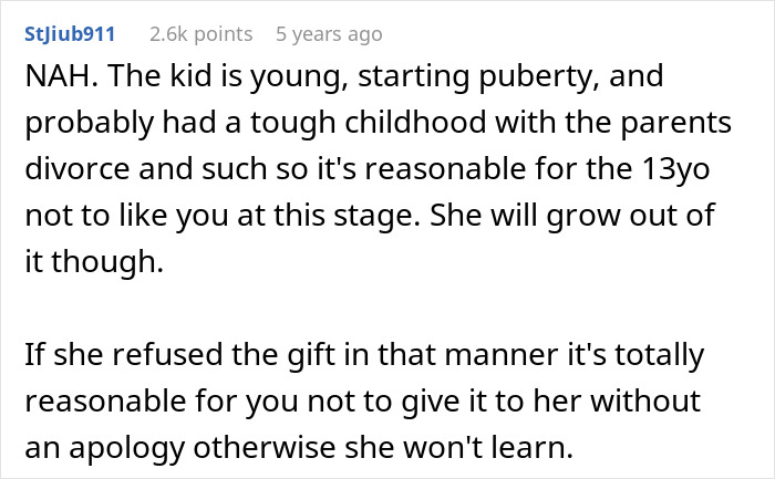 Comment explaining 13YO&rsquo;s struggles with dad&rsquo;s girlfriend and regret over not accepting her gift due to rude behavior.