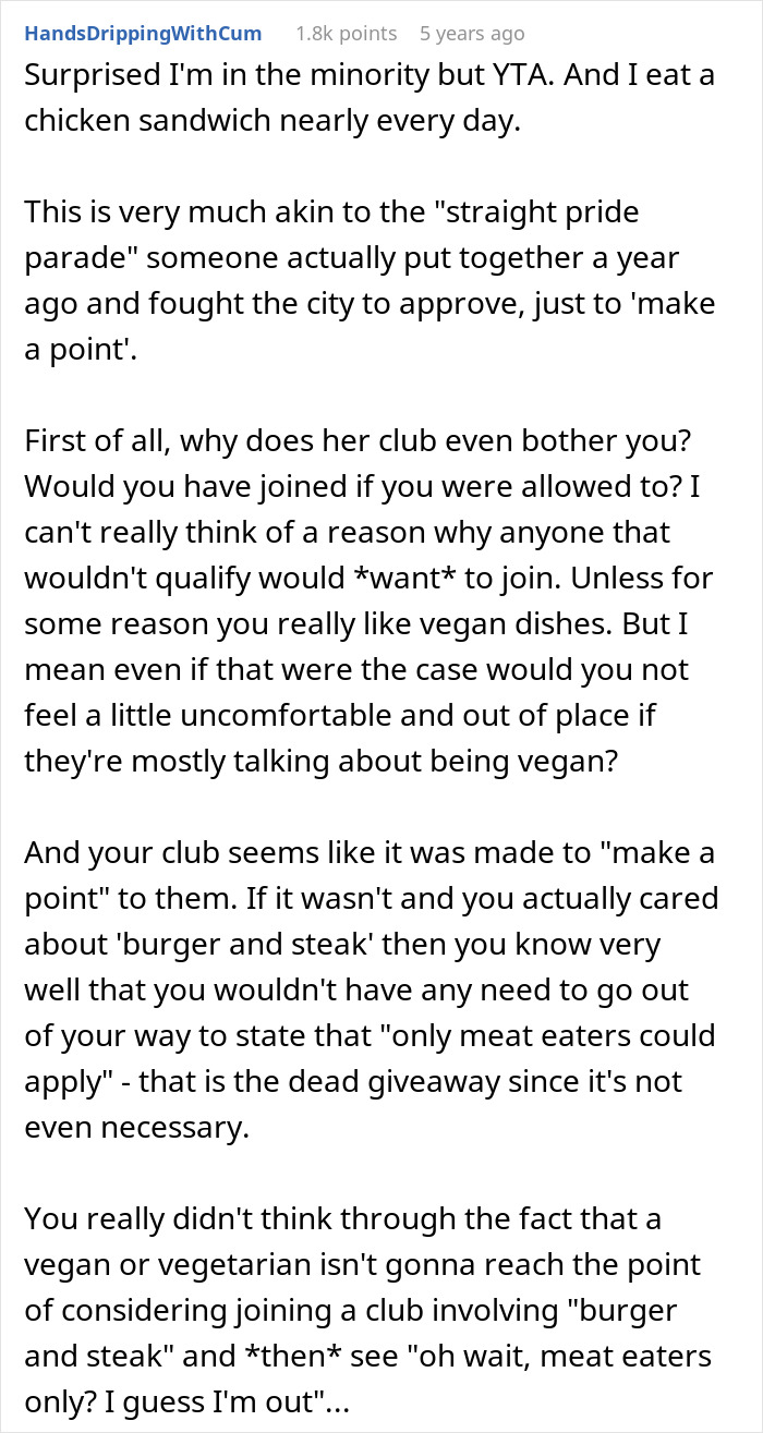Screenshot of online comment debating an employee pushing back against a vegan-only club and starting beef literally.