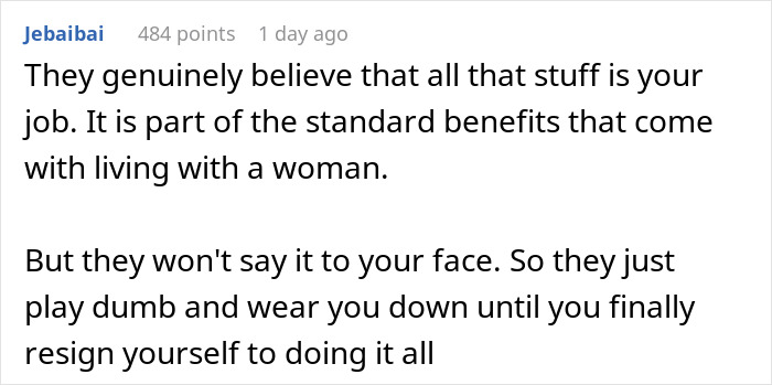 Comment explaining how men in relationships expect women to do all the work, revealing a common pattern single women observe.