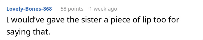 Comment on a forum post expressing support for a woman clapping back at her brother-in-law during Thanksgiving dinner.