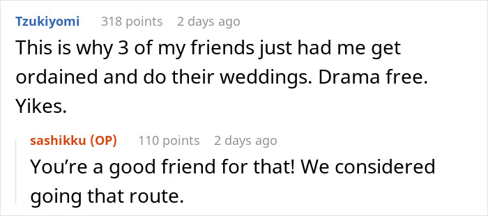 Screenshot of a conversation about weddings where a bride is mortified as an officiant brings a random guest to the ceremony.