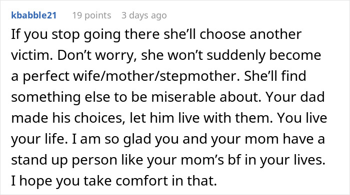 Comment discussing a teen&rsquo;s struggle with an insecure stepmother revealing her true colors in family dynamics.