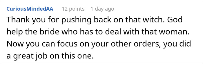 Comment from CuriousMindedAA thanking an artist for exposing MIL&rsquo;s plan to make bride look ugly in wedding illustration.