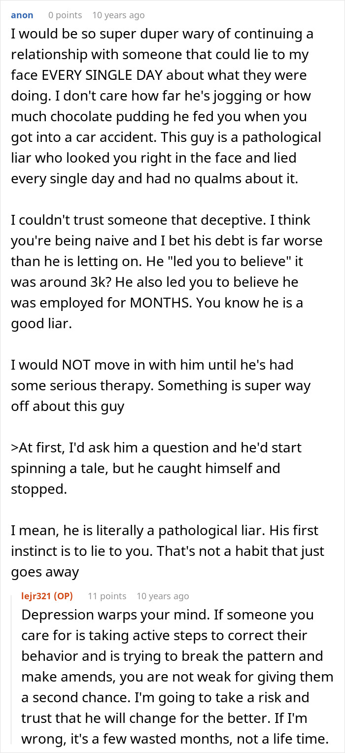 Text conversation about a woman discovering her boyfriend built their relationship on lies and his fear of losing her.