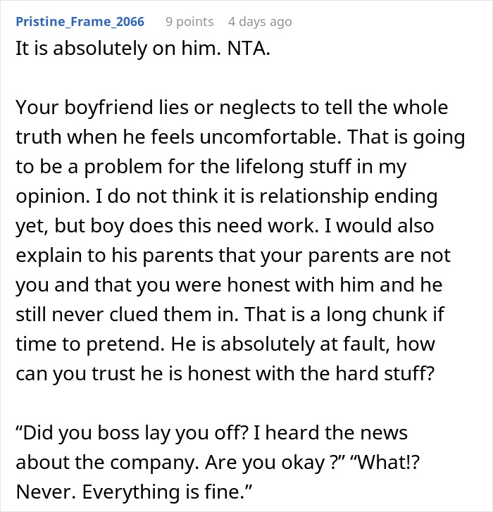 Forum comment discussing issues of trust and honesty after fianc&eacute;&rsquo;s lie about family causes relationship doubts.