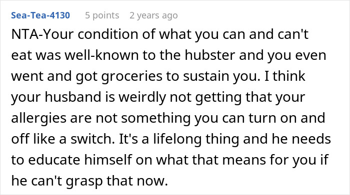 Screenshot of a forum comment discussing a husband and family dealing with a woman&rsquo;s picky eating and allergies.