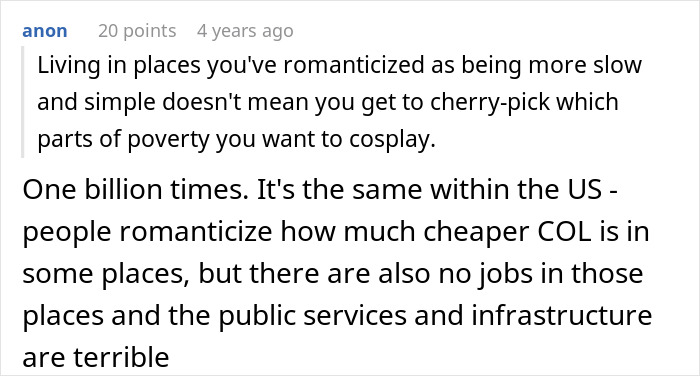 Comment discussing disillusionment with romanticized simple lifestyle after moving to an African country.