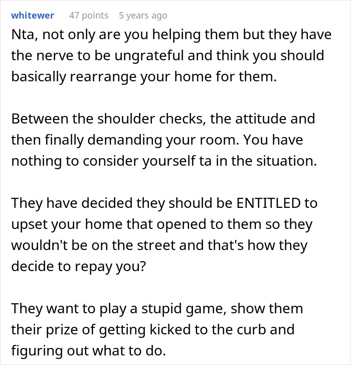 Reddit comment discussing entitled behavior of brother and his wife when woman tries to help them at her home. Reddit comment discussing entitled behavior of brother and his wife when woman tries to help them at her home.