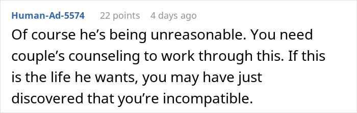 Comment discussing a woman shutting down boys&rsquo; nights at their house due to going too far in a relationship conflict.