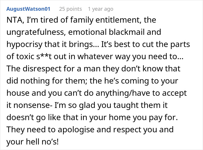 Comment expressing frustration with family entitlement and support for kicking siblings out after surprise reveal.
