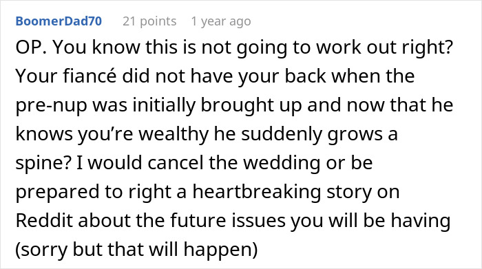 Comment on Reddit discussing future in-laws demanding a prenup and reactions after learning about woman&rsquo;s wealthy family.