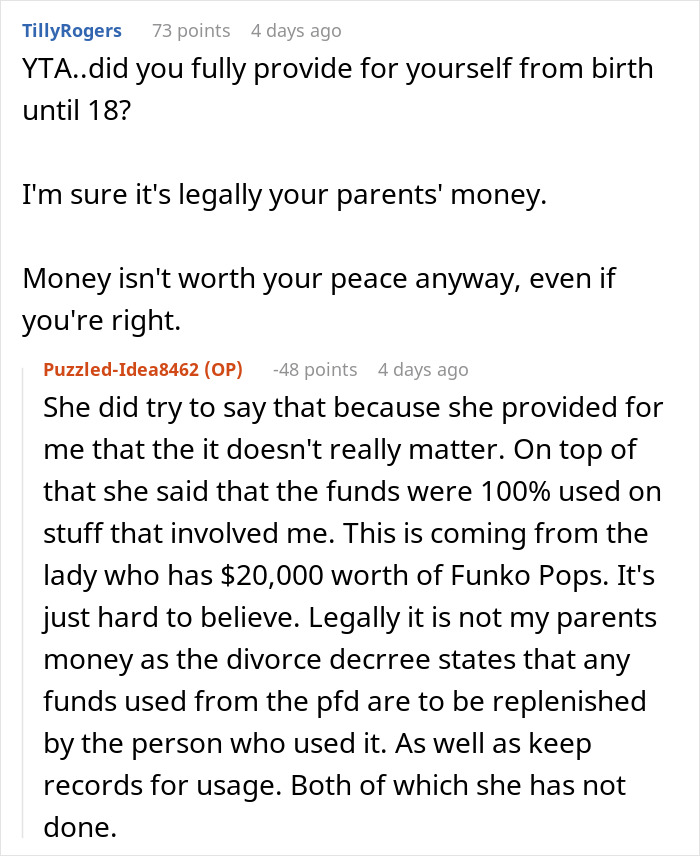 Online discussion about teen questioning missing $30k, with mom&rsquo;s vague answers and debates on money and responsibility.
