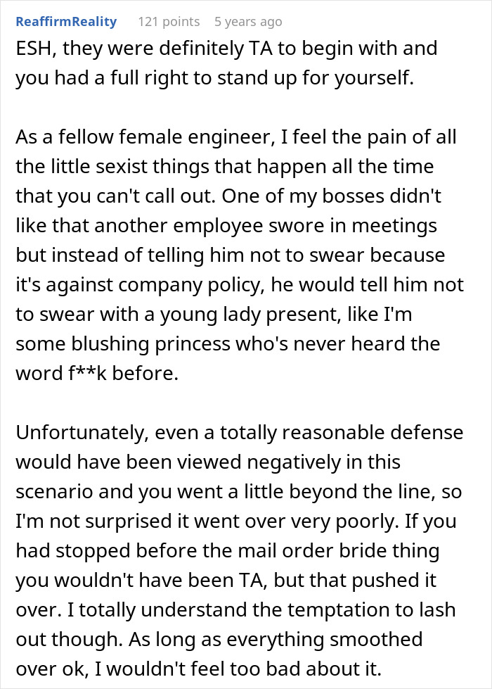 Text post discussing office potluck store bought dessert drama with a female engineer sharing workplace experiences.