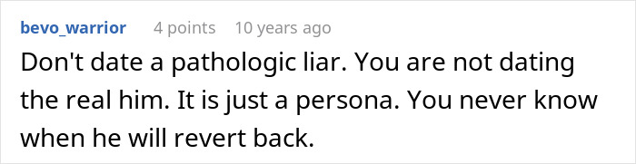 Screenshot of a Reddit comment warning about a pathologic liar who built a relationship on lies and fear of losing the partner.