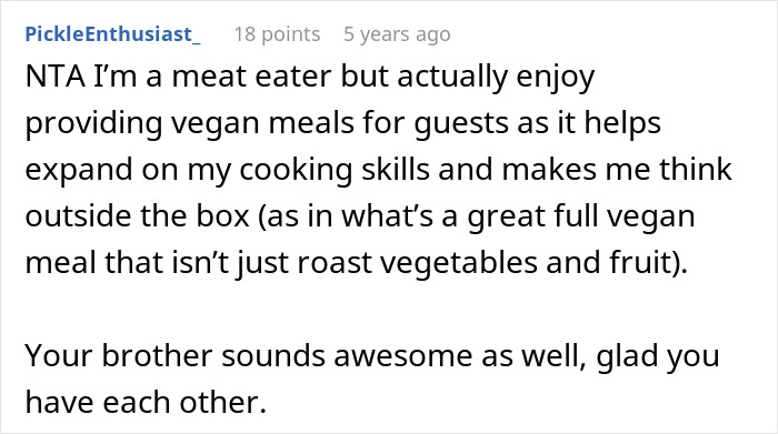 Comment text discussing no vegan options Christmas Eve dinner, highlighting enjoyment in providing vegan meals and thinking outside the box.