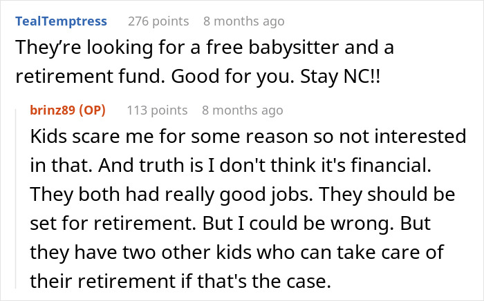 Screenshot of an online discussion about family stalking and disownment, featuring comments on financial and retirement concerns.