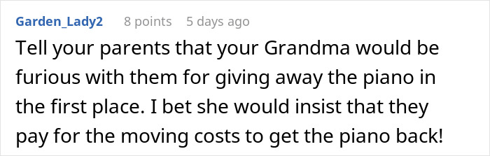 Screenshot of a social media comment discussing parents donating daughter&rsquo;s inherited piano and regrets afterward.