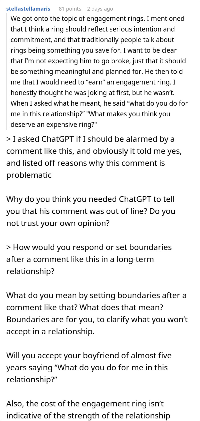 Text conversation discussing a man telling his girlfriend she must earn an engagement ring, causing relationship drama. Text conversation discussing a man telling his girlfriend she must earn an engagement ring, causing relationship drama.