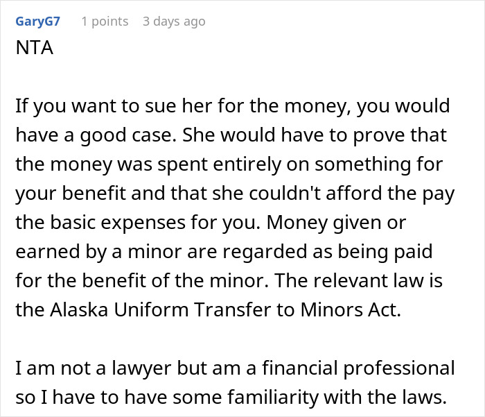 Screenshot of an online comment discussing a teen questioning what happened to her $30k and vague answers from her mom.