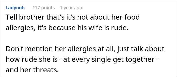 Comment discussing family dynamics and rude behavior related to allergies and threats to pull grandkids away.