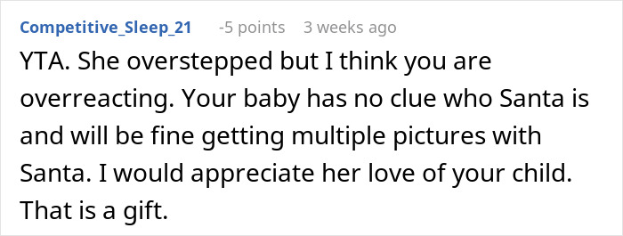 Screenshot of a Reddit comment discussing a step-grandma sneaking a baby to Santa and losing babysitting privileges.