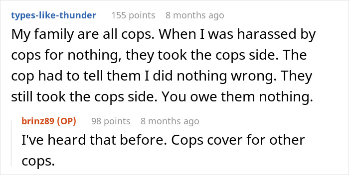 Reddit thread showing a discussion about family disowning and harassment from law enforcement officials.