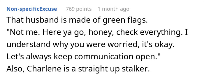 Screenshot of Reddit comment discussing a woman receiving proof of her husband cheating and crazy ex-girlfriend behavior.