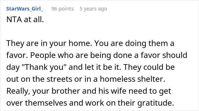 Screenshot of a forum comment discussing a woman helping her brother and his wife and their entitled behavior. Screenshot of a forum comment discussing a woman helping her brother and his wife and their entitled behavior.