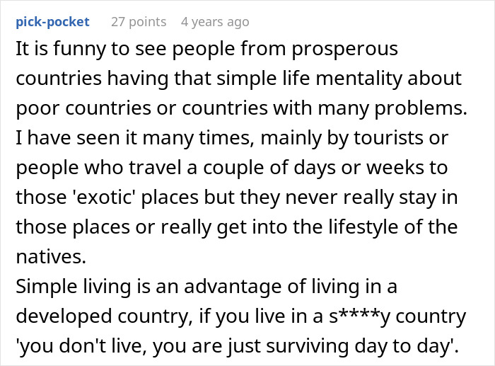 Comment discussing challenges a person faces when moving to an African country to seek a simpler lifestyle.