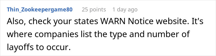 User comment about checking WARN Notice website, highlighting subtle red flags that indicate job insecurity. User comment about checking WARN Notice website, highlighting subtle red flags that indicate job insecurity.