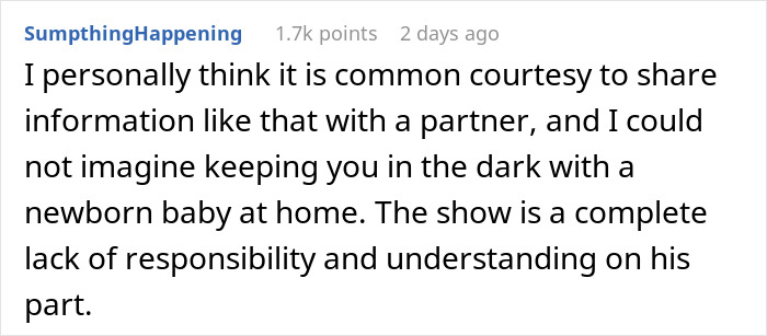 Alt text: Online comment criticizing boyfriend's irresponsibility for ditching partner and newborn to party for over 18 hours.