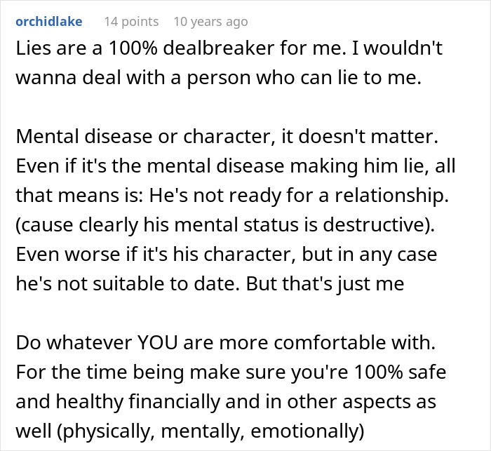 User comment discussing lies being a dealbreaker, mental health, and readiness for a relationship after discovering boyfriend built relationship on lies.