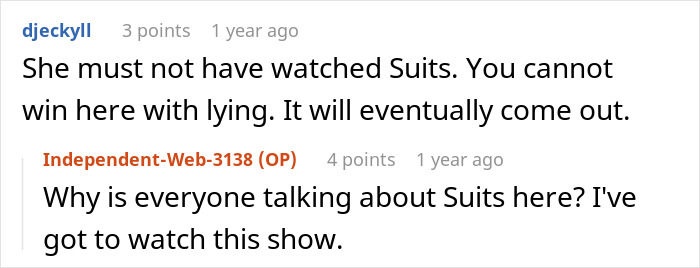 Online discussion about relationship doubts and lying about career, referencing the show Suits in a social media comment thread.