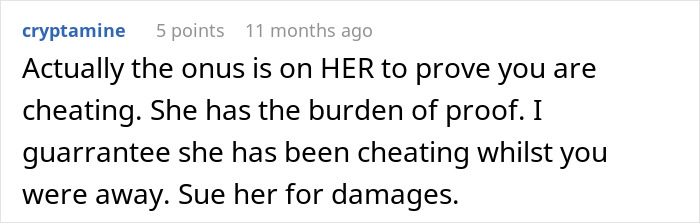 Screenshot of a Reddit comment discussing cheating allegations and reputation damage in a marriage dispute.