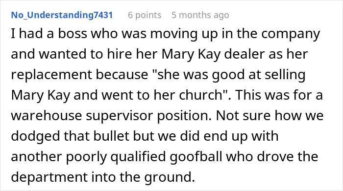 Text post discussing a boss making an employee hire his crush, leading to a disastrous hiring decision. Text post discussing a boss making an employee hire his crush, leading to a disastrous hiring decision.