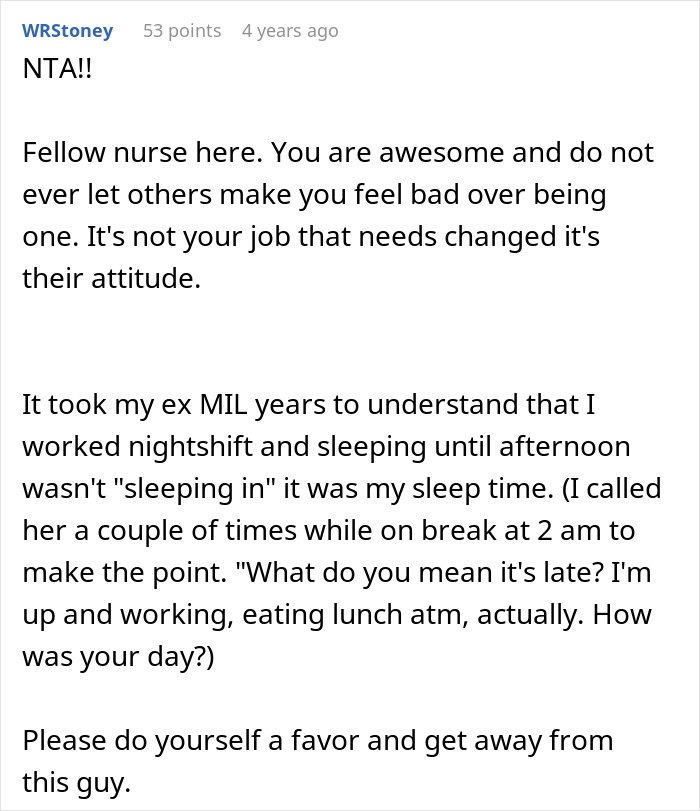 Screenshot of a Reddit comment where a nurse advises against feeling bad, discussing MIL and work schedule challenges.