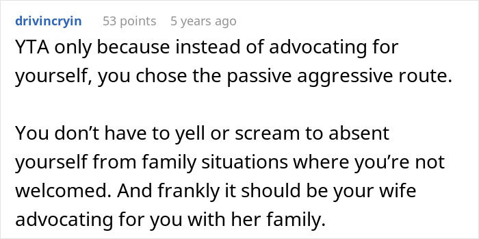 Comment discussing passive aggressive response and family exclusion in the context of homophobic MIL and family photos.