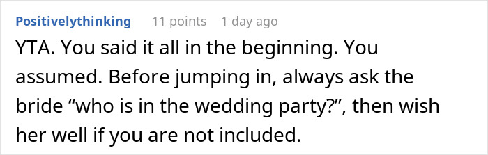 Screenshot of a Reddit comment advising to ask the bride about the wedding party during a wedding dress shopping trip. Screenshot of a Reddit comment advising to ask the bride about the wedding party during a wedding dress shopping trip.