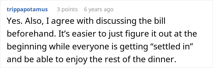 Screenshot of an online discussion where a user agrees with discussing the bill beforehand to avoid issues at dinner.