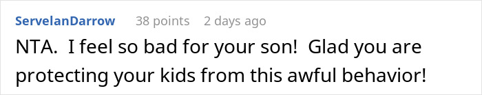 Reddit comment expressing sympathy for a son and support for protecting kids from bad behavior during family conflicts.