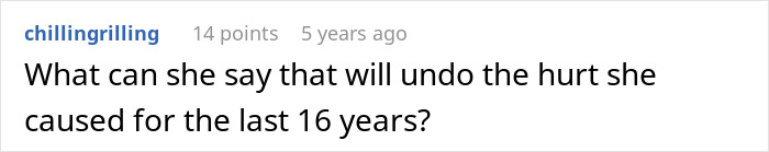 Comment reading what can she say that will undo hurt caused over 16 years, relating to man left without closure after fiancé disappears.