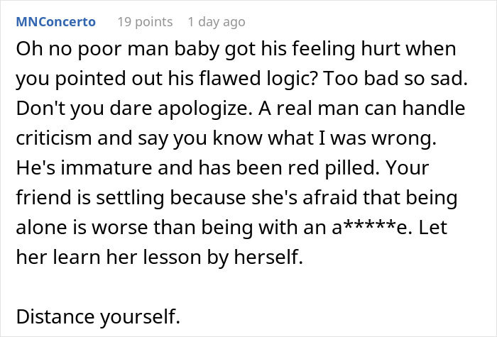 Screenshot of a heated online comment criticizing a toxic man&rsquo;s flawed logic about traditional wives and relationships.