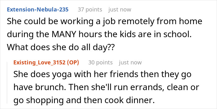 Online discussion about SAHM feeling poor despite receiving $1K/month as fun money from husband.