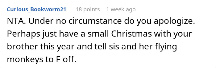 Reddit comment showing a woman&rsquo;s response clapping back at BIL tearing down her brother during Thanksgiving dinner.