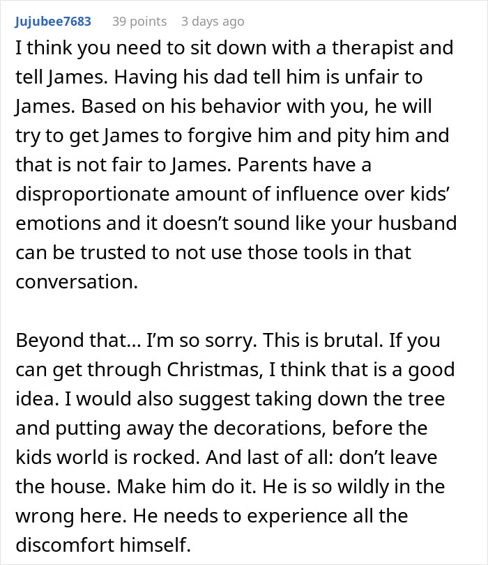 Comment advising a woman to see a therapist about a man unsure if affair partner&rsquo;s baby is his child or grandchild.