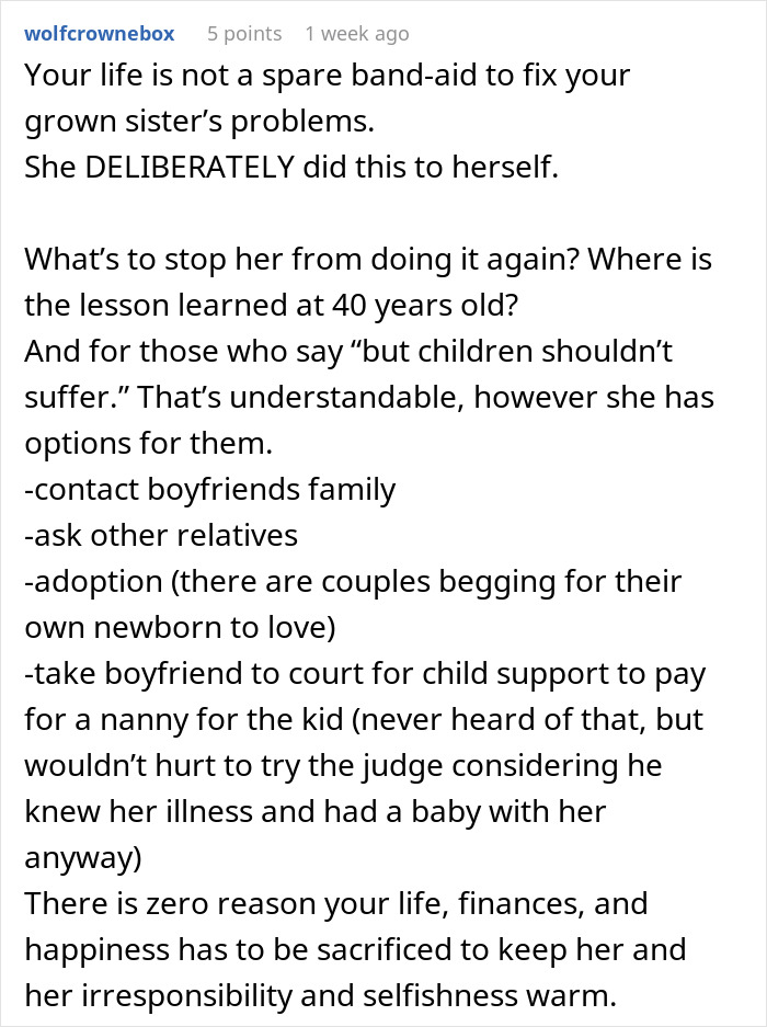 Comment discussing a childfree woman refusing responsibility for her sister’s newborn due to her sister’s choices. Comment discussing a childfree woman refusing responsibility for her sister’s newborn due to her sister’s choices.