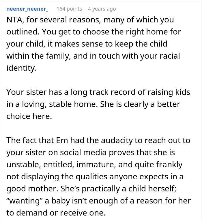 Reddit comment discussing adoption of white baby and racial identity concerns in family custody debate.