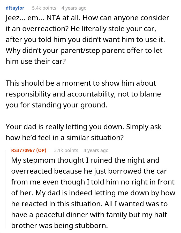 Reddit comments discussing family conflict over woman&rsquo;s half-brother stealing her car and the arrest fallout.