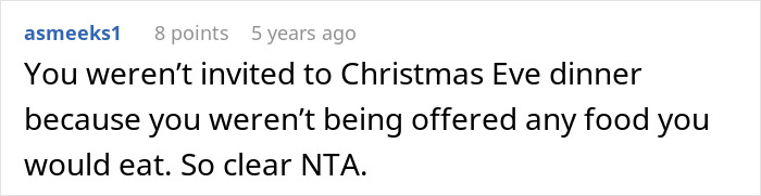 Comment discussing exclusion from Christmas Eve dinner due to no vegan options being offered for the meal.